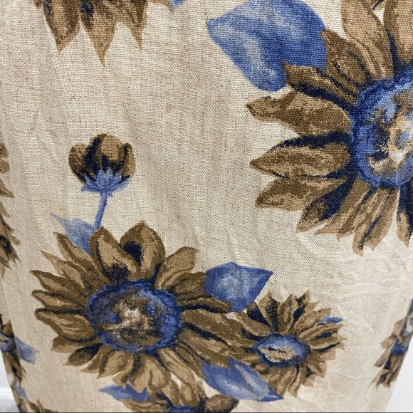Vintage Tan Blue Linen Blend Floral Wrap Front Skirt - Picture 6 of 7